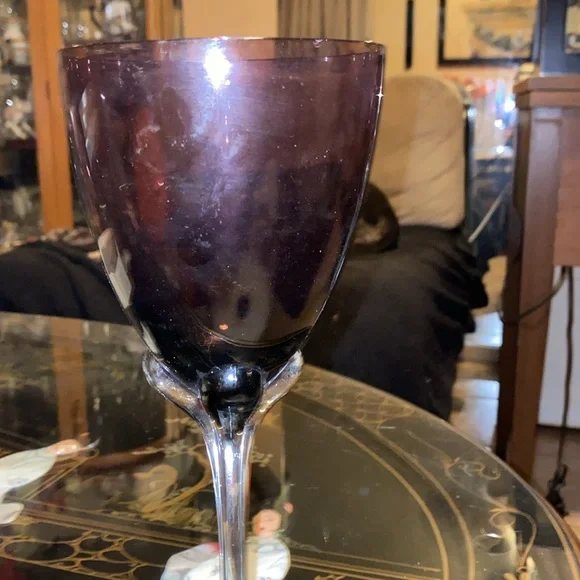 Murano Art Glass Hand Blown Clear Ribbed Stem Tall 9.75”Fine Wine Glass purple - Picture 4 of 4